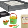 Hiekkalaatikko istuimilla Nordic Play 24x120x120cm komposiitti sis, verkko 240 kg hiekkaa ja vihreä hiekkalelusetti