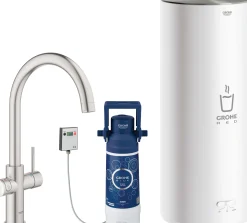 Keittiöhana Grohe Red Duo teräs L-koon kuumavesivaraajalla