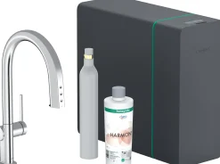 Keittiöhana Hansgrohe Aqittura M91 SodaSystem 210, ulosvedettävä juoksuputki 1jet, sBox, setti, kromi