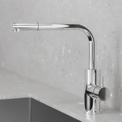 Keittiöhana Scandtap Accent 90 D Classic, APK-liitäntä ja ulosvedettävä juoksuputki, ruostumaton teräs