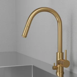 Keittiöhana Scandtap Steel Access Sand D ulosvedettävällä suuttimella ja pesukoneventtiilillä