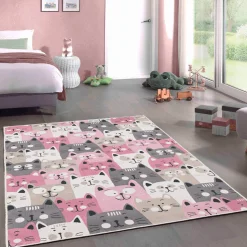 Lastenhuoneen käytävämatto Linento Kissaset 80x150cm vaaleanpunainen/harmaa