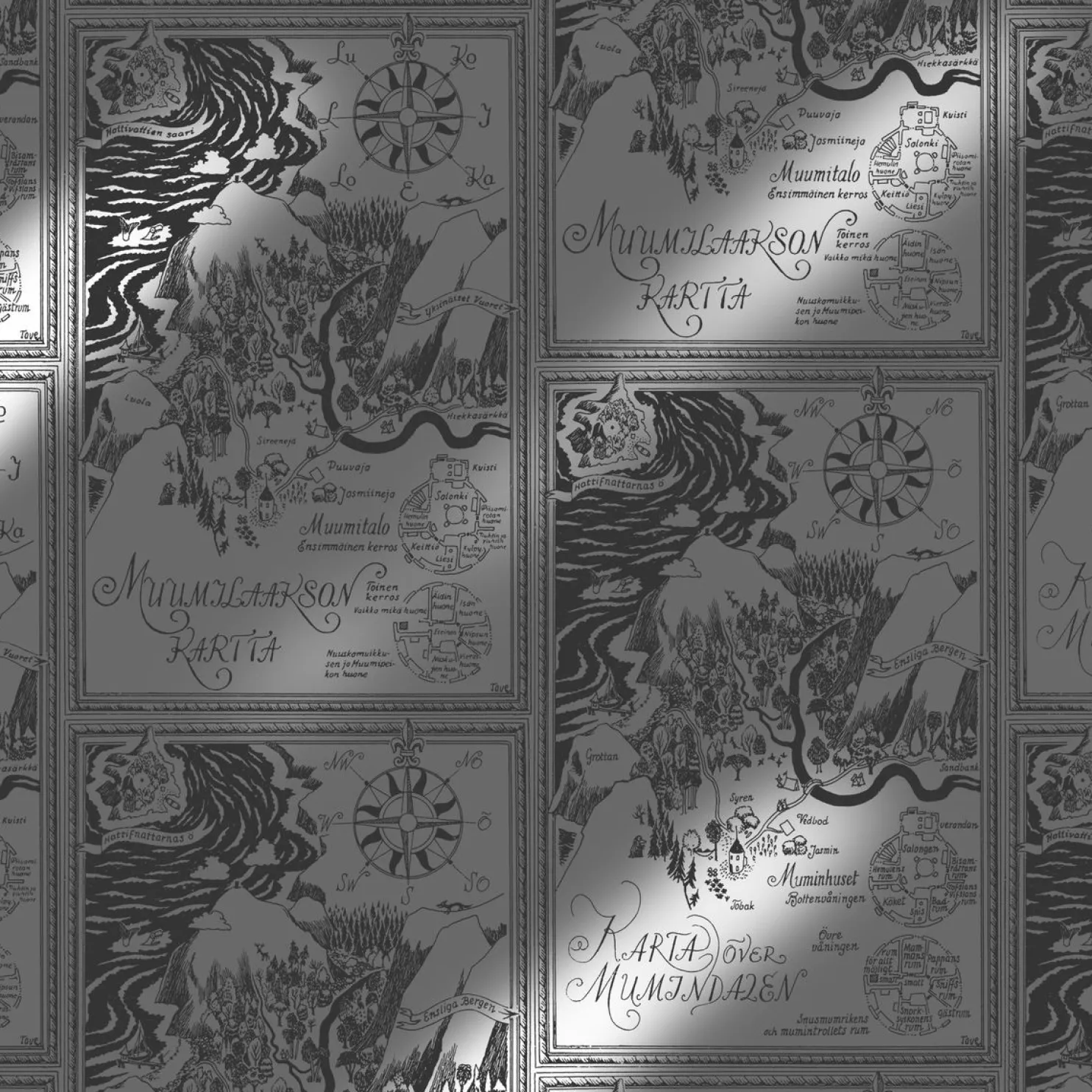 Lastenhuoneen tapetti Sandudd Muumi 5348-7, musta/hopea, non-woven