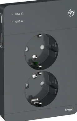 Pistorasia Schneider Electric Exxact 2-osainen peitelevyllä + 2x USB lataus A+C 3A antrasiitti