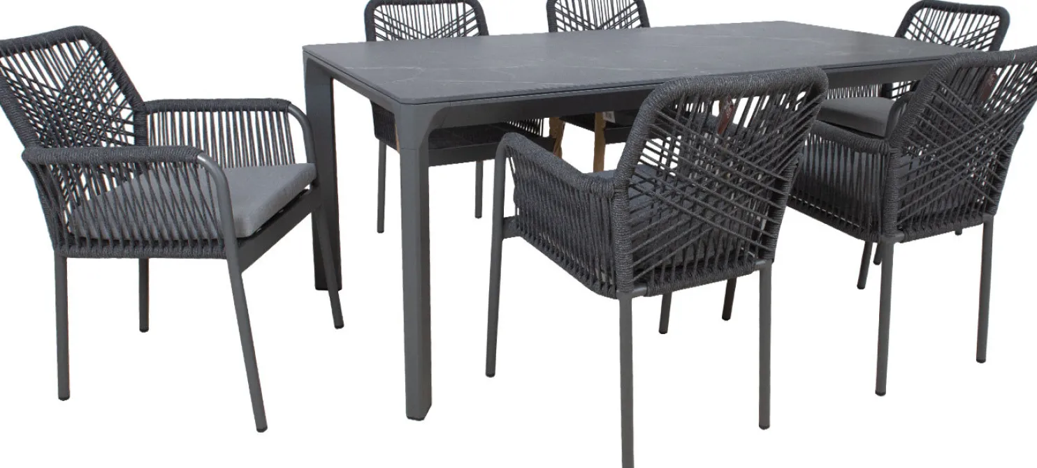 Puutarhakalustesetti Home4You CARVES olefiiniköysipunostuoleilla, 6 tuolia, harmaa