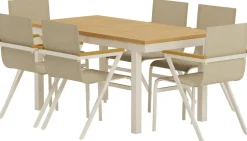 Ruokailuryhmä ulos Venture Home, luonnollisenvärinen Panama-pöytä 160x90cm + 6 beigeä Mexico-tuolia