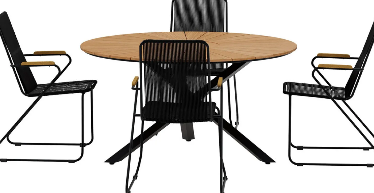 Ruokailuryhmä ulos Venture Home, musta Mexico-pöytä Ø140cm + 4 mustaa Bois-tuolia