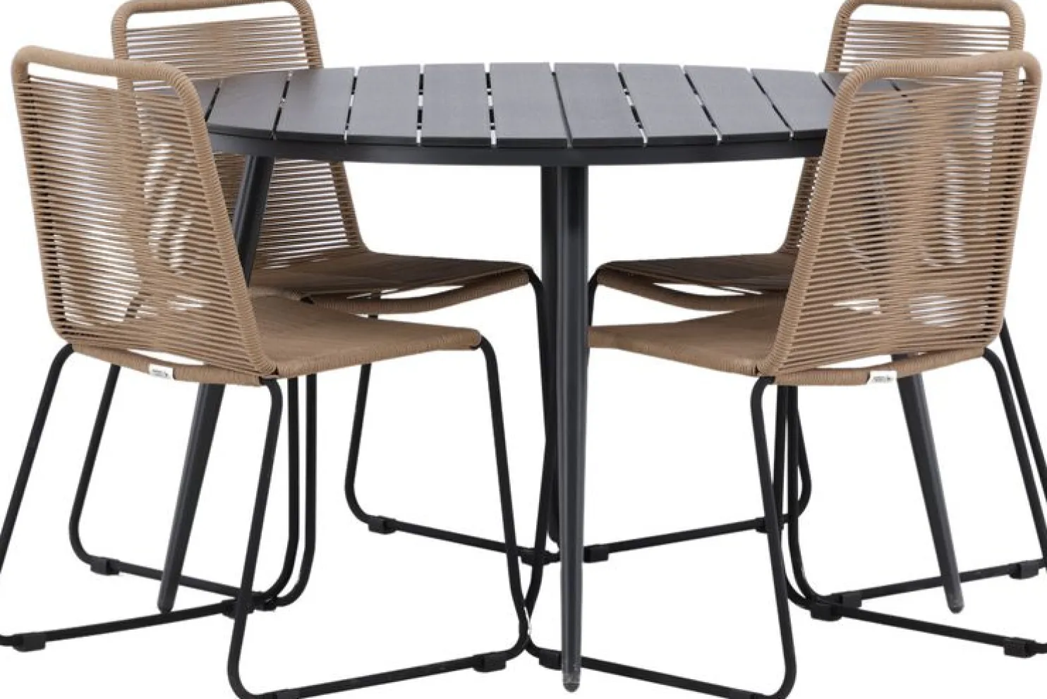 Ruokailuryhmä Venture Home, ø120cm musta Break-pöytä + 4 ruskeaa, pinottavaa Lindos-tuolia
