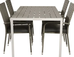 Ruokailuryhmä Venture Home, 150x90cm harmaa/valkoinen Break-pöytä + 4 harmaata, pinottavaa Anna-tuolia