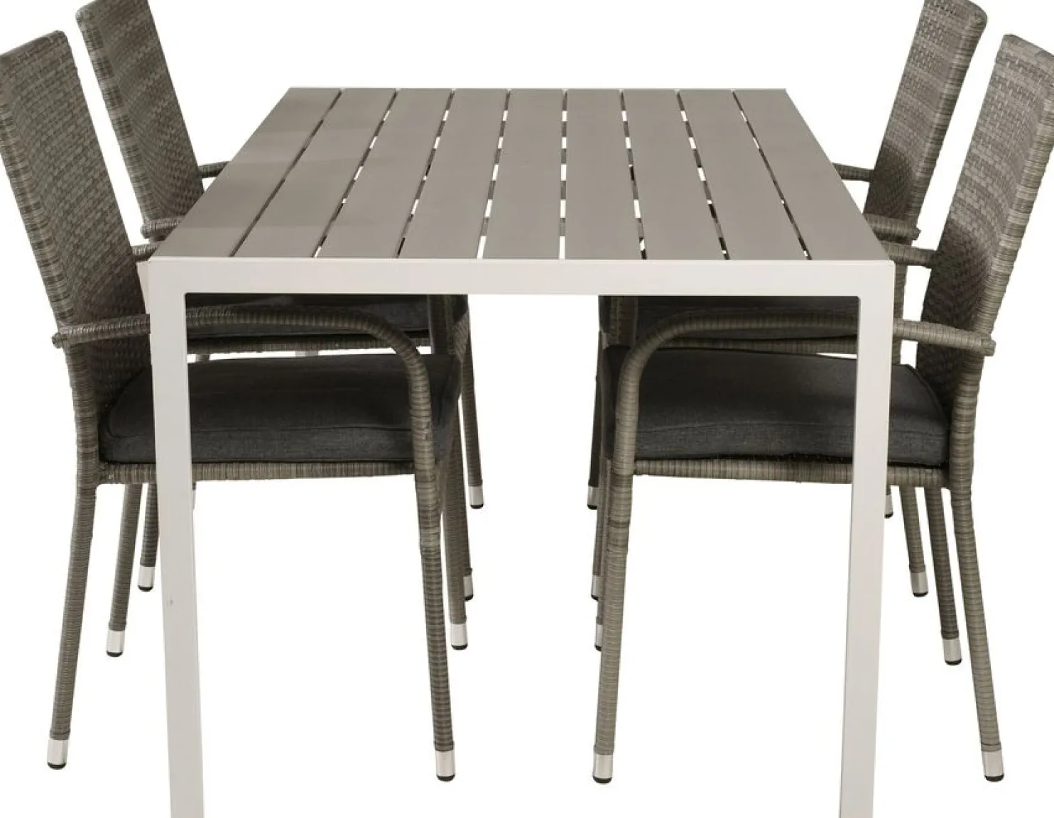 Ruokailuryhmä Venture Home, 150x90cm harmaa/valkoinen Break-pöytä + 4 harmaata, pinottavaa Anna-tuolia