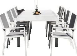 Ruokailuryhmä Venture Home,160/240x100cm jatkettava valkoinen Marbella-pöytä + 8 harmaa/valkoista, pinottavaa Copacabana-tuolia