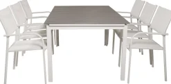 Ruokailuryhmä Venture Home, 160/240x100cm jatkettava harmaa/valkoinen Levels-pöytä + 6 valkoista, pinottavaa Santorini-tuolia