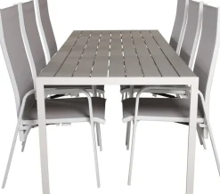 Ruokailuryhmä Venture Home, 205x90cm harmaa/valkoinen Break-pöytä + 6 harmaa/valkoista, pinottavaa Copacabana-säätötuolia