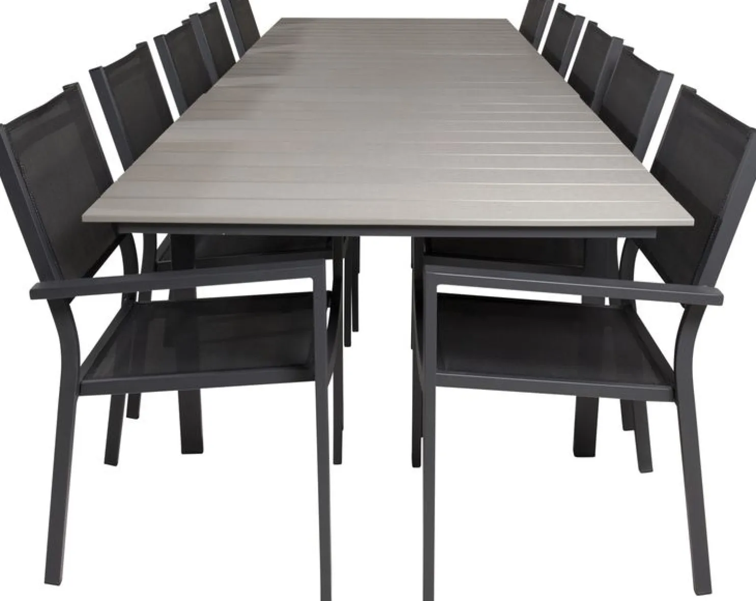 Ruokailuryhmä Venture Home, 229/310x100cm jatkettava harmaa/musta Levels-pöytä + 10 pinottavaa Copacabana-tuolia
