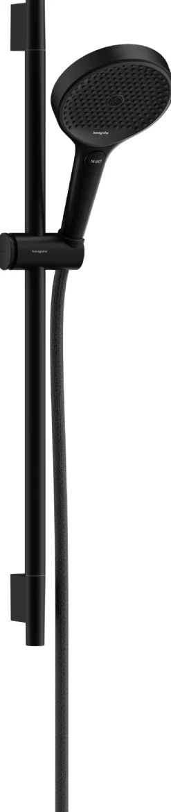 Suihkusetti Hansgrohe Rainfinity 130 3jet, suihkutanko S Puro 65 cm, liu'ulla ja Designflex-tekstiilisuihkuletkulla 160 cm, mattamusta