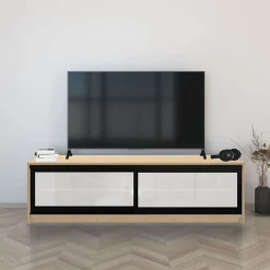 TV-taso liukuovilla Inaria Koti, mittatilaus, valkoinen lasi