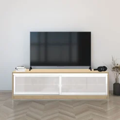 TV-taso liukuovilla Inaria Koti, mittatilaus, valkoinen lasi